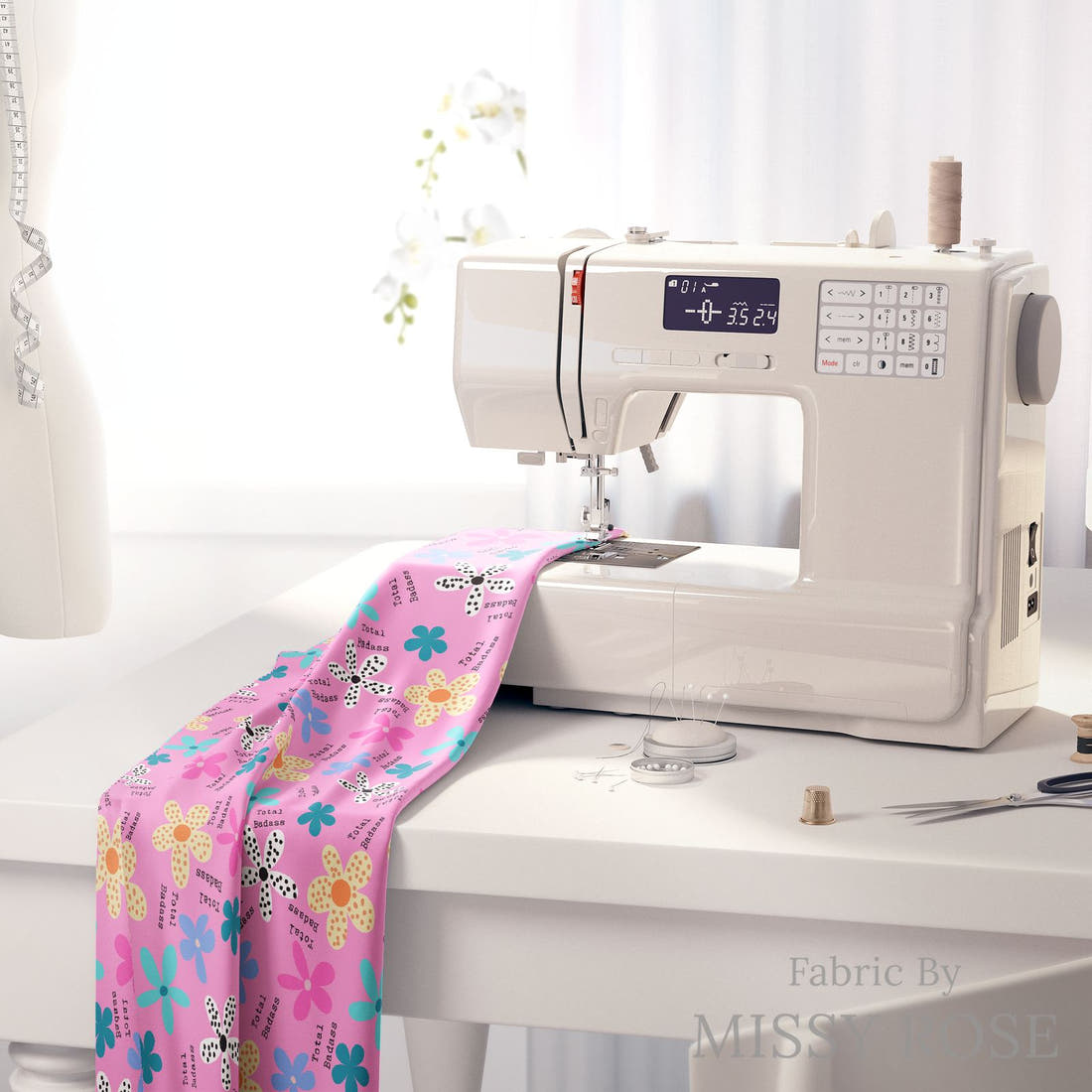 Profanity Fabric 404 on a sewing machine - premium fabric for sewing projects | Fabric by Missy Rose