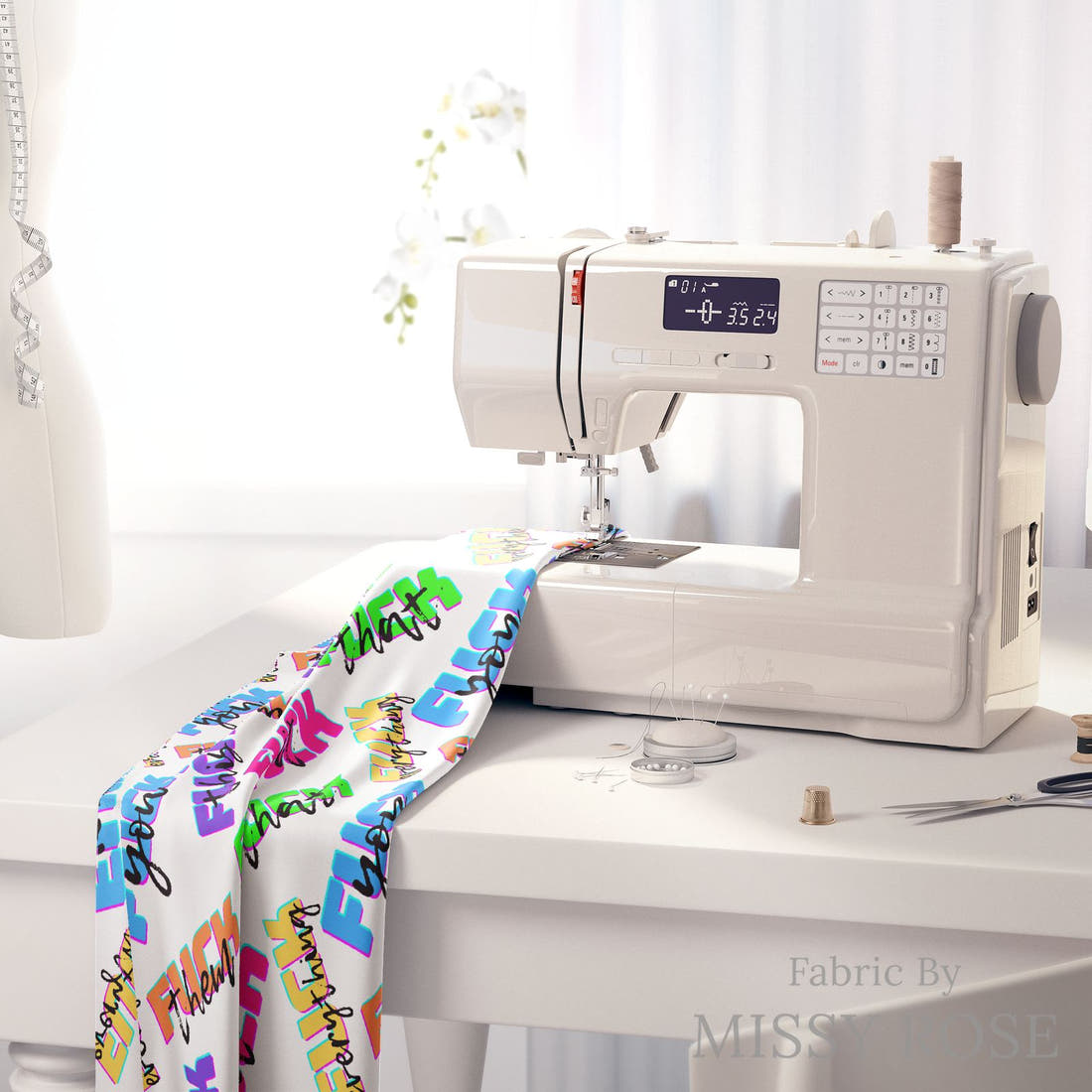 Profanity Fabric 407 on a sewing machine - premium fabric for sewing projects | Fabric by Missy Rose