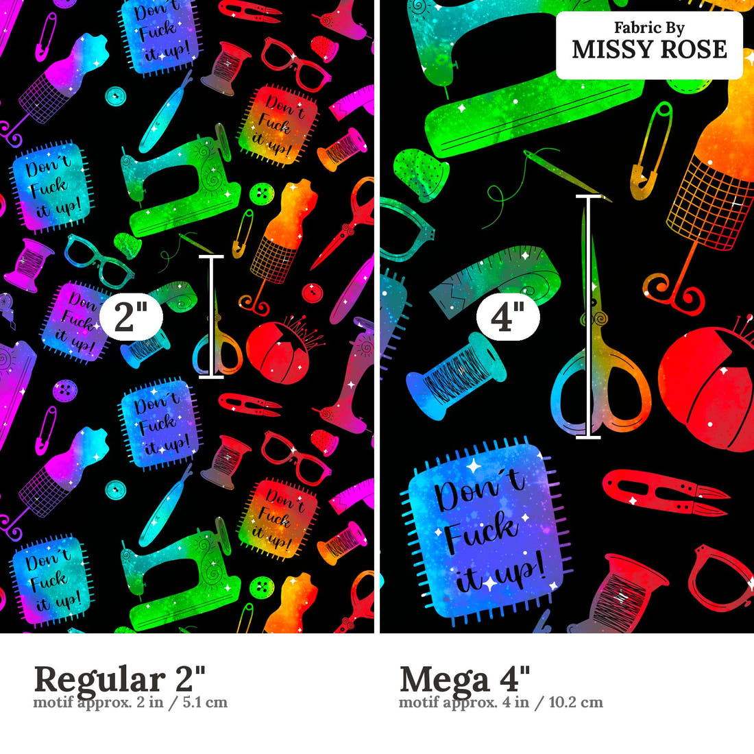 Profanity Fabric 413 Regular 2 inch vs Mega 4 inch print scale side by side | Fabric by Missy Rose