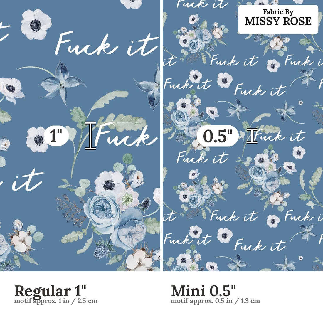 Profanity Fabric 418 Regular 1 inch vs Mini 0.5 inch print scale side by side | Fabric by Missy Rose