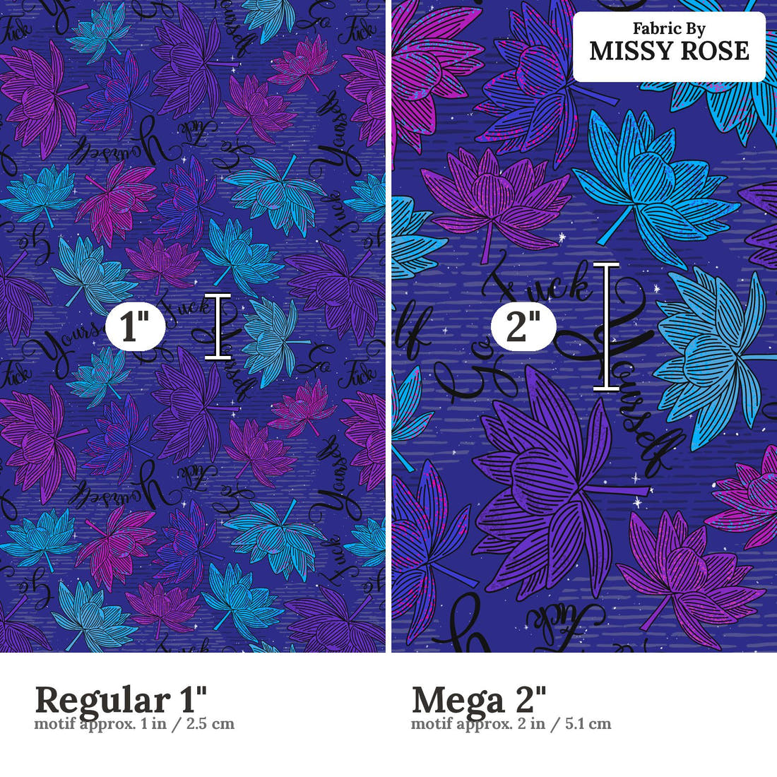 Profanity Fabric 425 Regular 1 inch vs Mega 2 inch print scale side by side | Fabric by Missy Rose