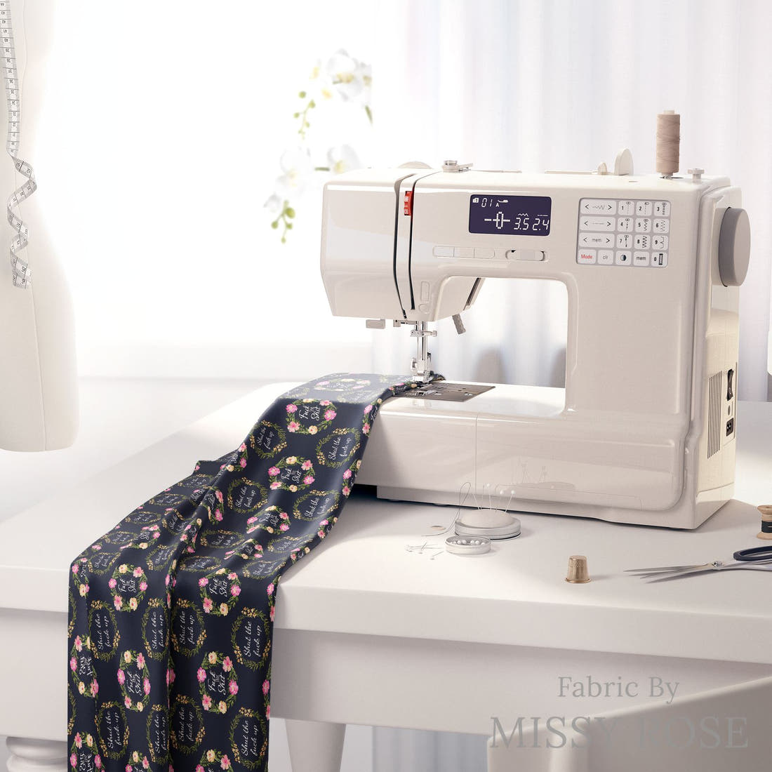 Profanity Fabric 427 on a sewing machine - premium fabric for sewing projects | Fabric by Missy Rose