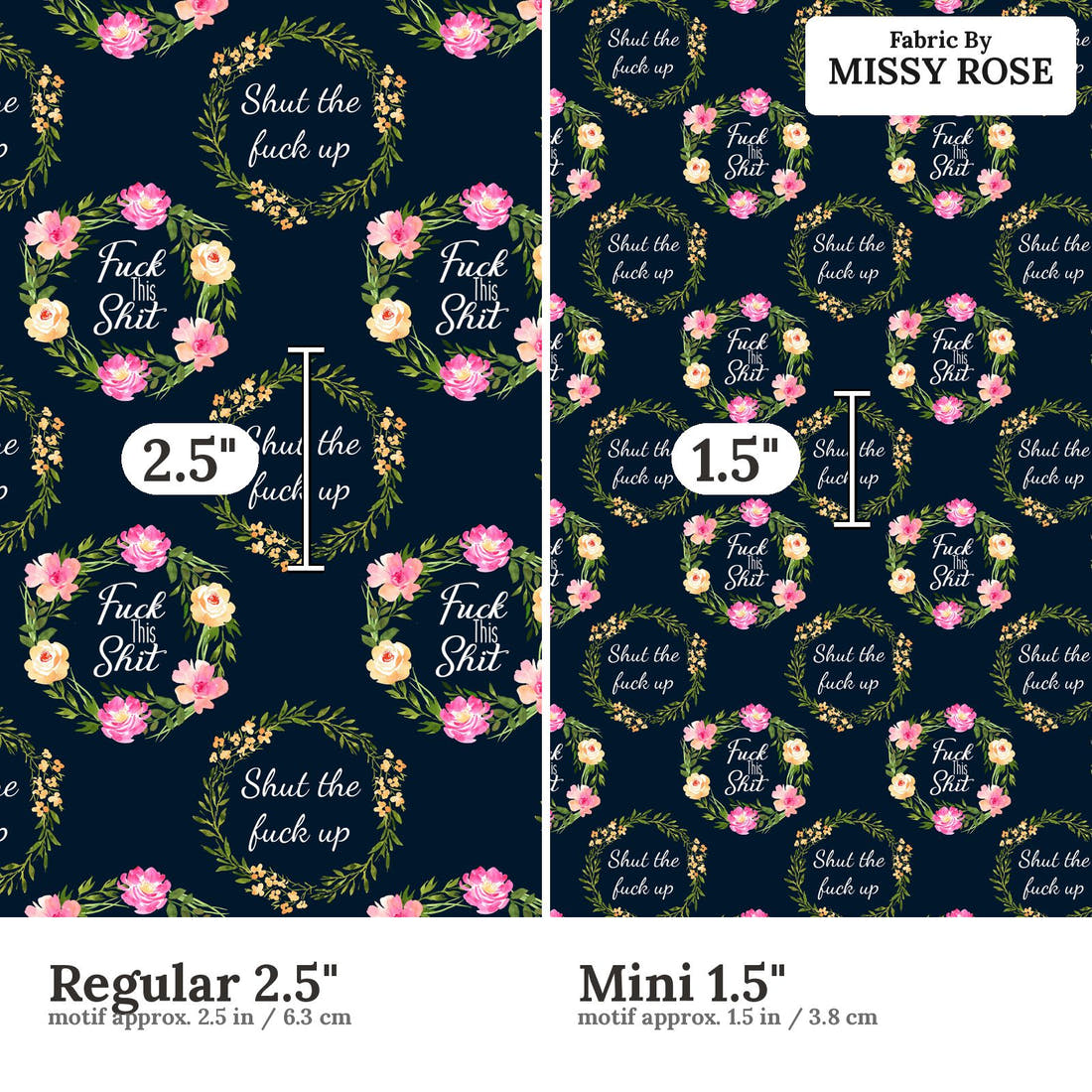 Profanity Fabric 427 Regular 2.5 inch vs Mini 1.5 inch print scale side by side | Fabric by Missy Rose