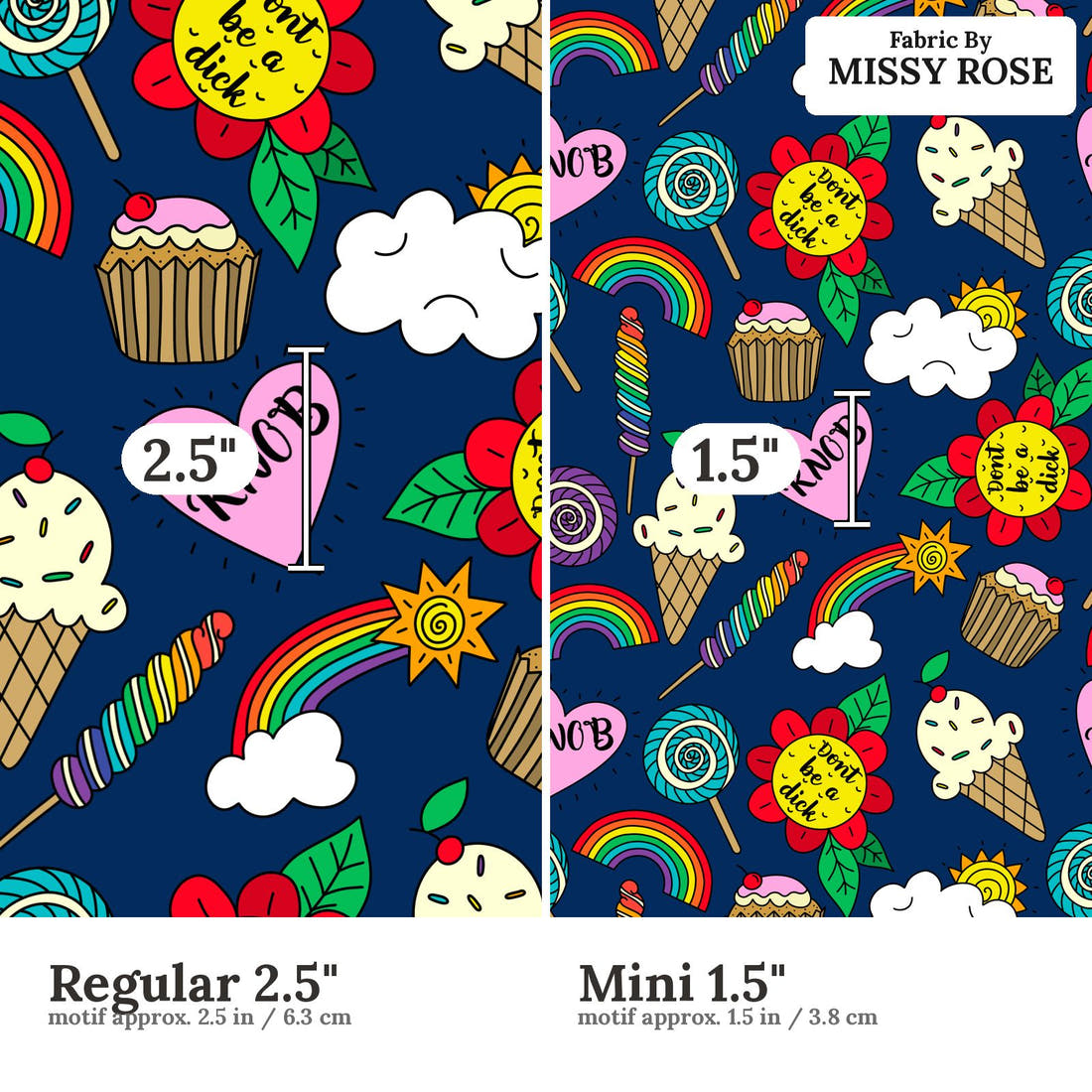 Profanity Fabric 428 Regular 2.5 inch vs Mini 1.5 inch print scale side by side | Fabric by Missy Rose