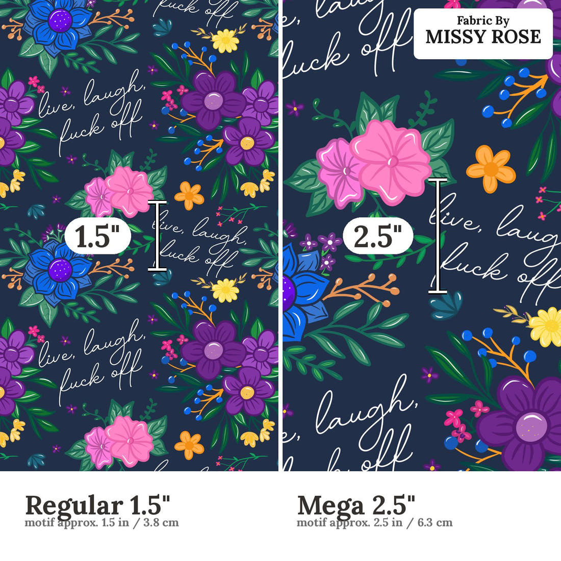 Profanity Fabric 431 Regular 1.5 inch vs Mega 2.5 inch print scale side by side | Fabric by Missy Rose
