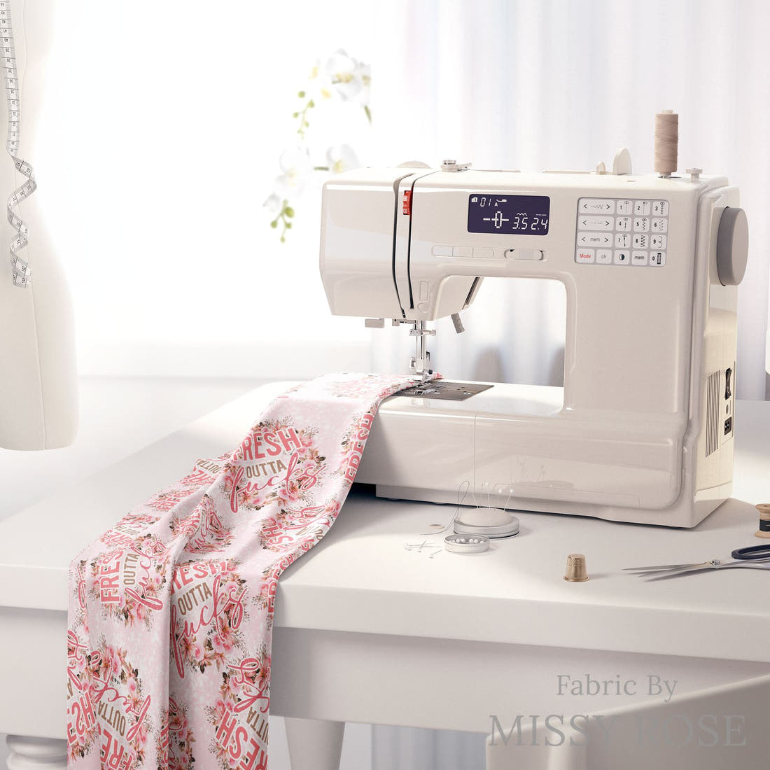 Profanity Fabric 432 on a sewing machine - premium fabric for sewing projects | Fabric by Missy Rose