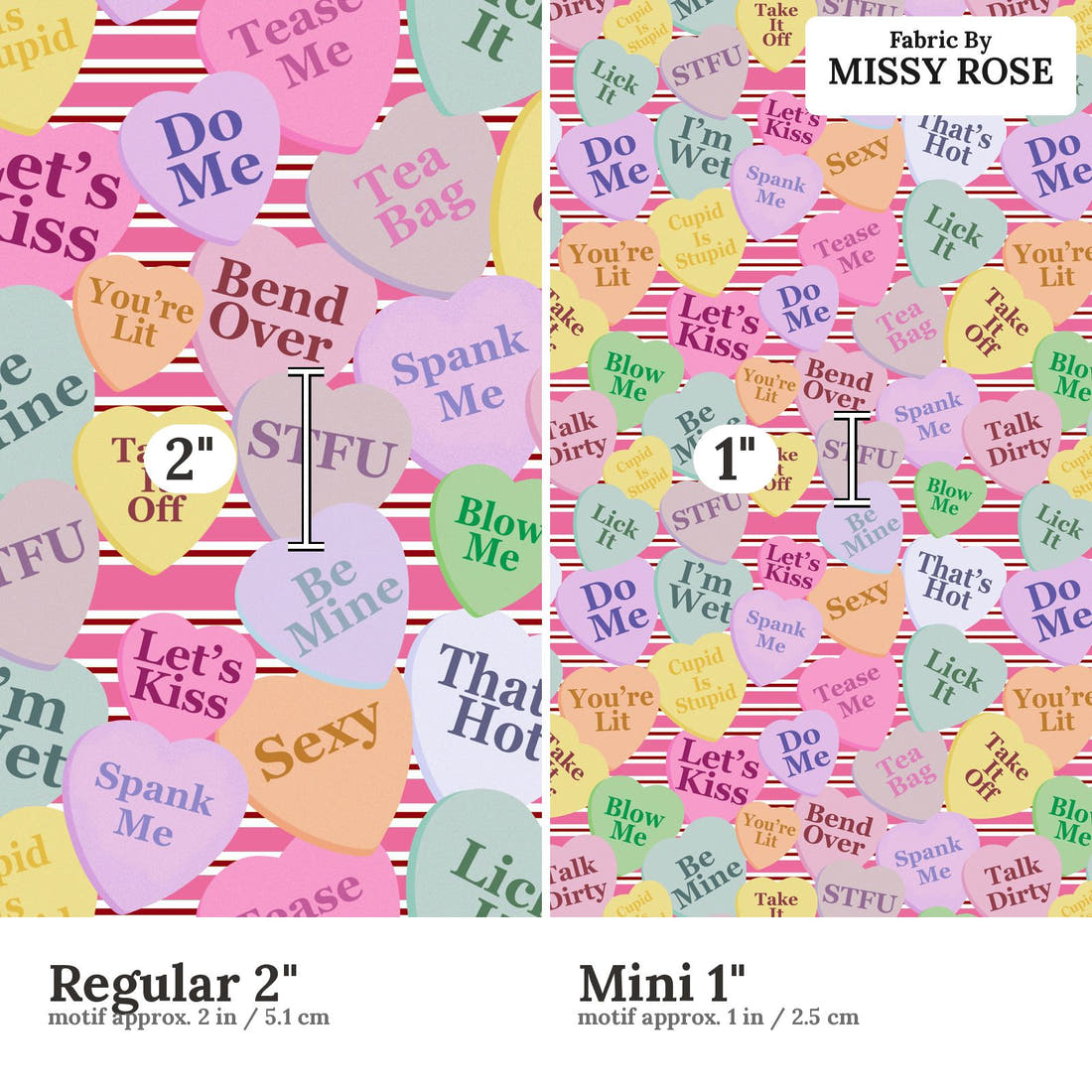 Profanity Fabric 444 Regular 2 inch vs Mini 1 inch print scale side by side | Fabric by Missy Rose