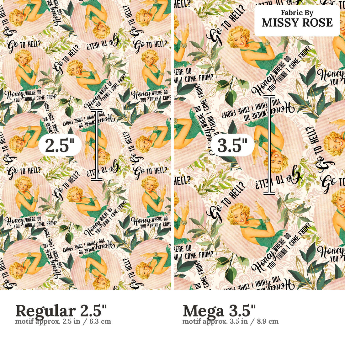 Profanity Fabric 447 Regular 2.5 inch vs Mega 3.5 inch print scale side by side | Fabric by Missy Rose