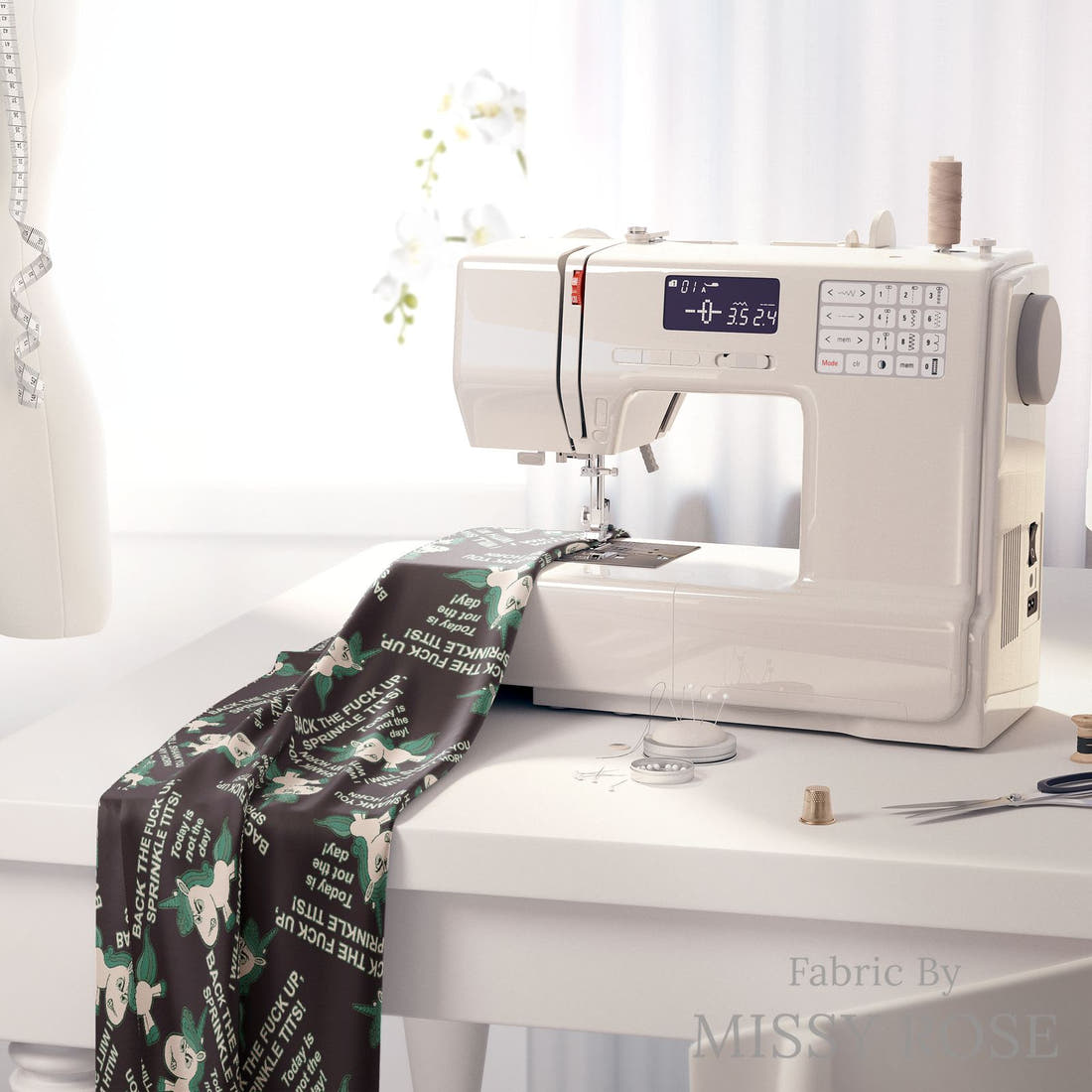 Profanity Fabric 448 on a sewing machine - premium fabric for sewing projects | Fabric by Missy Rose