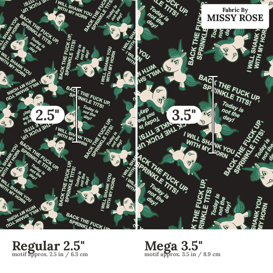 Profanity Fabric 448 Regular 2.5 inch vs Mega 3.5 inch print scale side by side | Fabric by Missy Rose