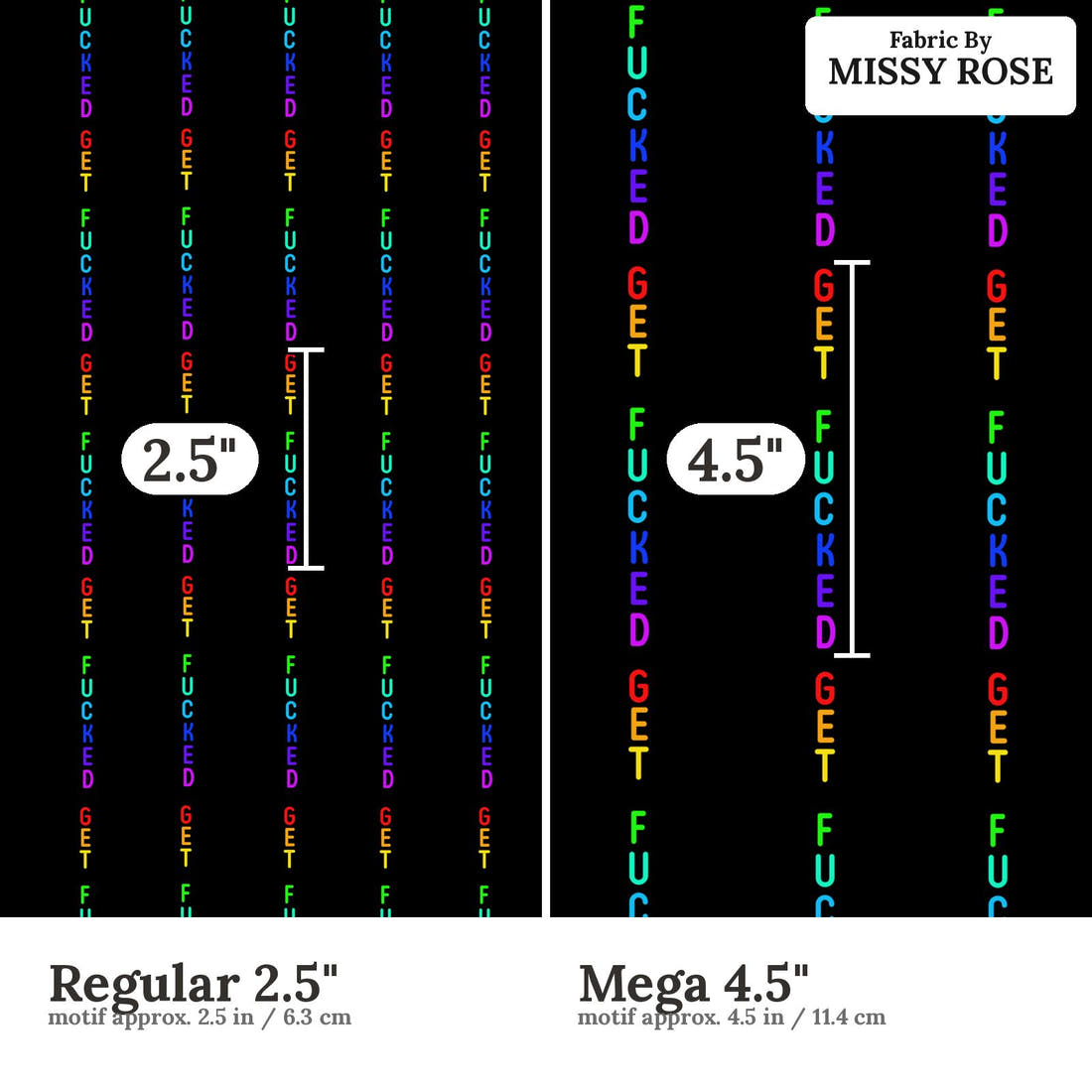 Profanity Fabric 452 Regular 2.5 inch vs Mega 4.5 inch print scale side by side | Fabric by Missy Rose