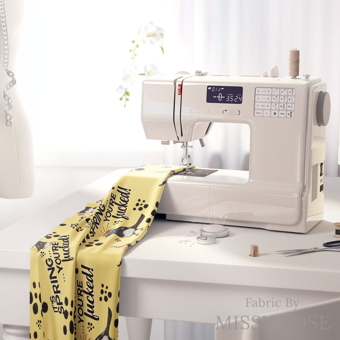 Profanity Fabric 468 on a sewing machine - premium fabric for sewing projects | Fabric by Missy Rose