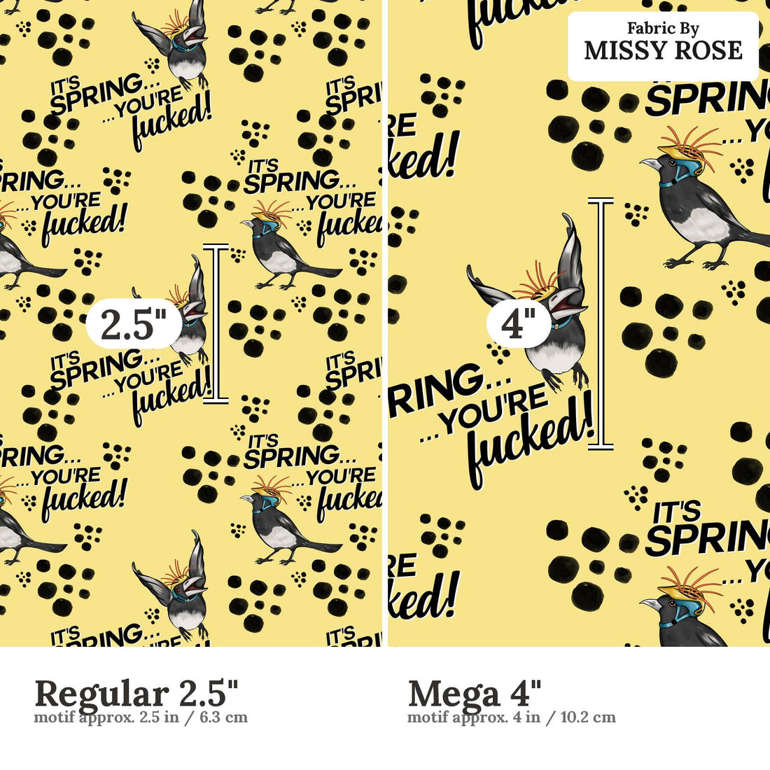 Profanity Fabric 468 Regular 2.5 inch vs Mega 4 inch print scale side by side | Fabric by Missy Rose