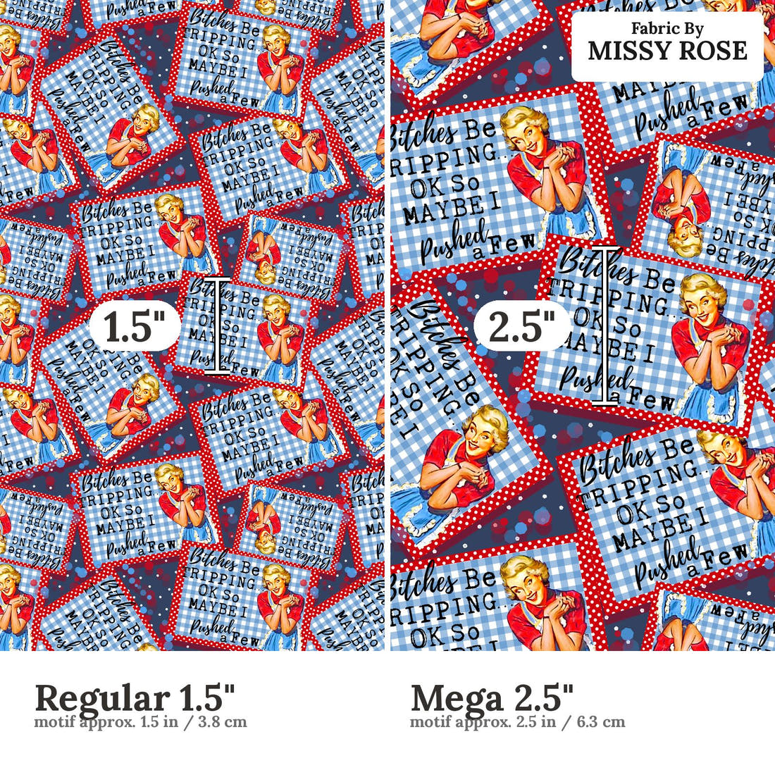 Profanity Fabric 47 Regular 1.5 inch vs Mega 2.5 inch print scale side by side | Fabric by Missy Rose