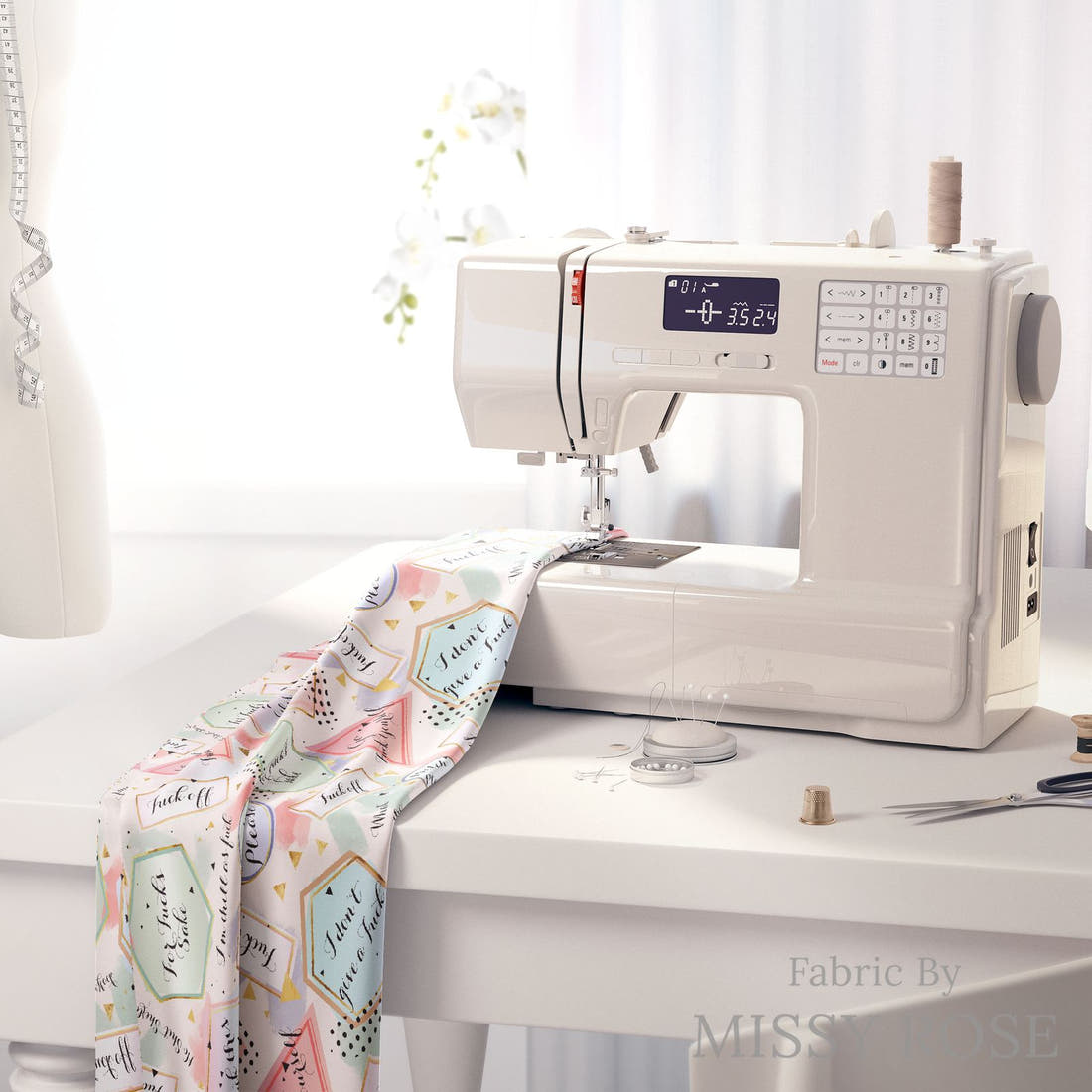 Profanity Fabric 472 on a sewing machine - premium fabric for sewing projects | Fabric by Missy Rose