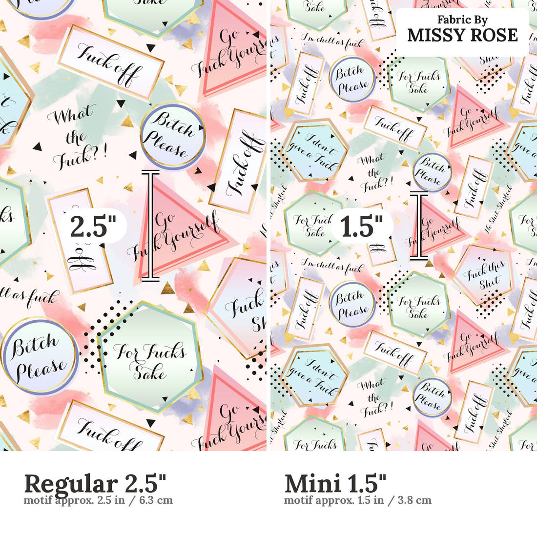 Profanity Fabric 472 Regular 2.5 inch vs Mini 1.5 inch print scale side by side | Fabric by Missy Rose