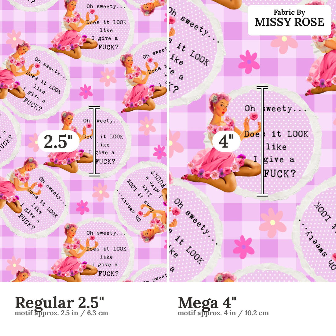 Profanity Fabric 479 Regular 2.5 inch vs Mega 4 inch print scale side by side | Fabric by Missy Rose