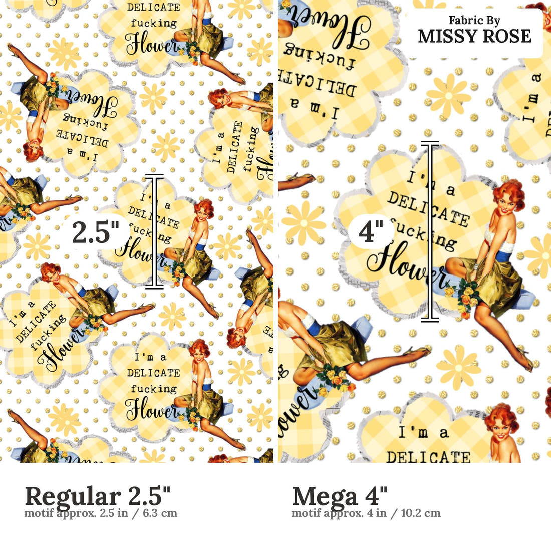Profanity Fabric 482 Regular 2.5 inch vs Mega 4 inch print scale side by side | Fabric by Missy Rose