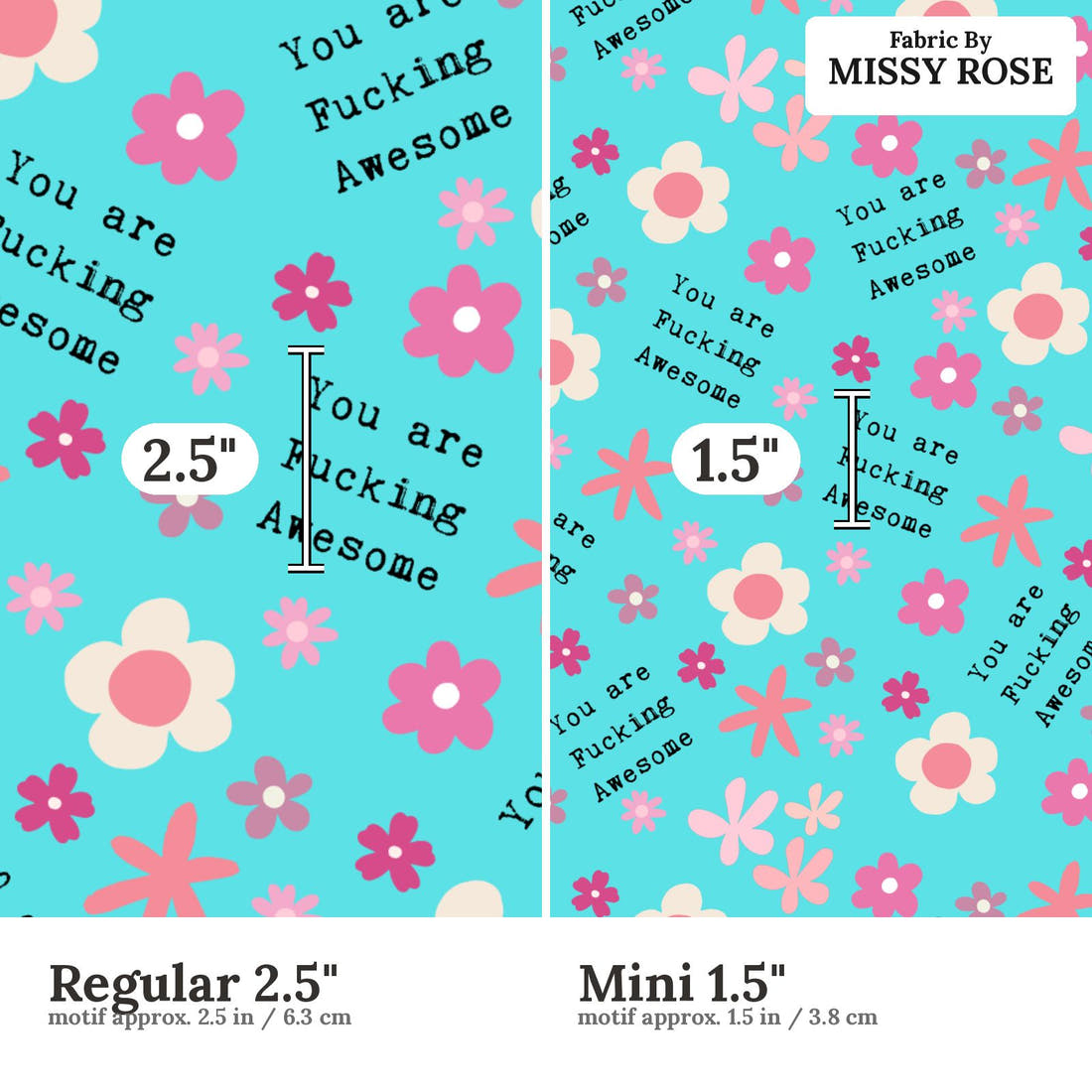Profanity Fabric 485 Regular 2.5 inch vs Mini 1.5 inch print scale side by side | Fabric by Missy Rose