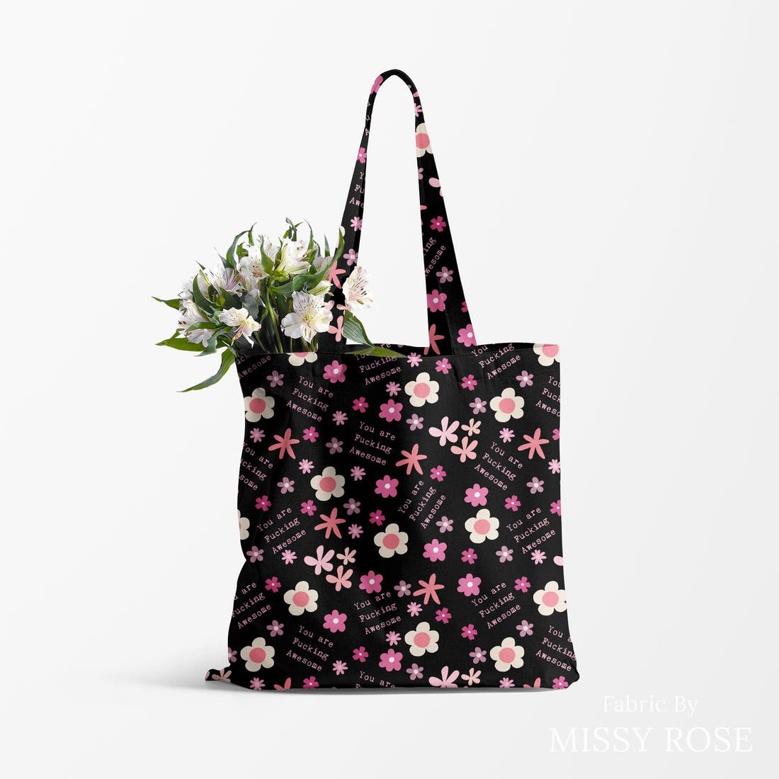 Profanity Fabric 486 made up as a tote bag - see how the print looks made up | Fabric by Missy Rose
