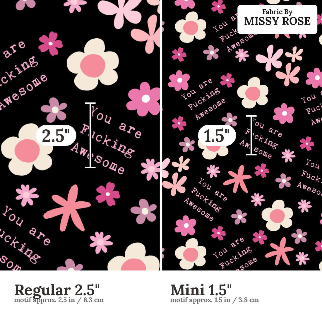 Profanity Fabric 486 Regular 2.5 inch vs Mini 1.5 inch print scale side by side | Fabric by Missy Rose