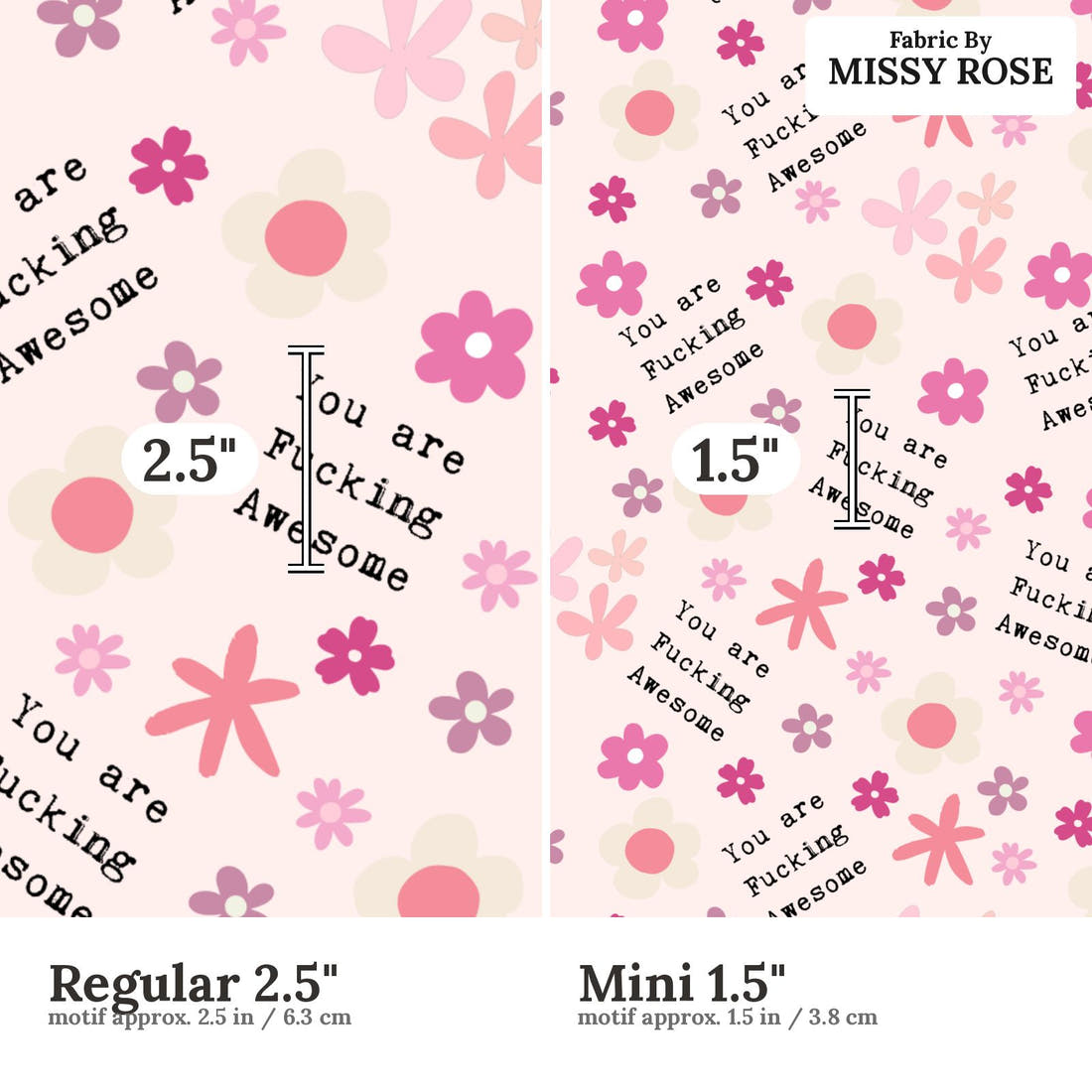 Profanity Fabric 487 Regular 2.5 inch vs Mini 1.5 inch print scale side by side | Fabric by Missy Rose