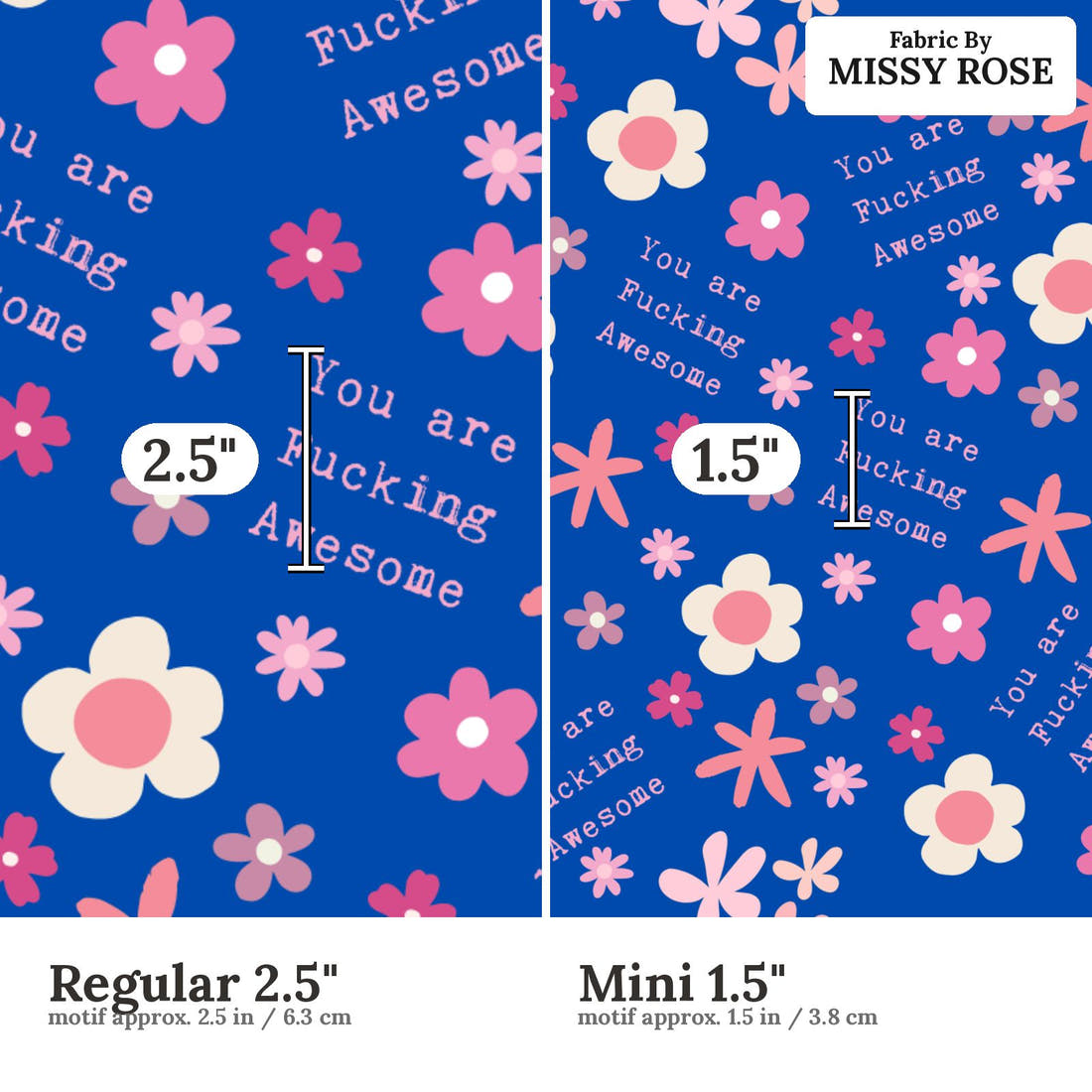 Profanity Fabric 488 Regular 2.5 inch vs Mini 1.5 inch print scale side by side | Fabric by Missy Rose