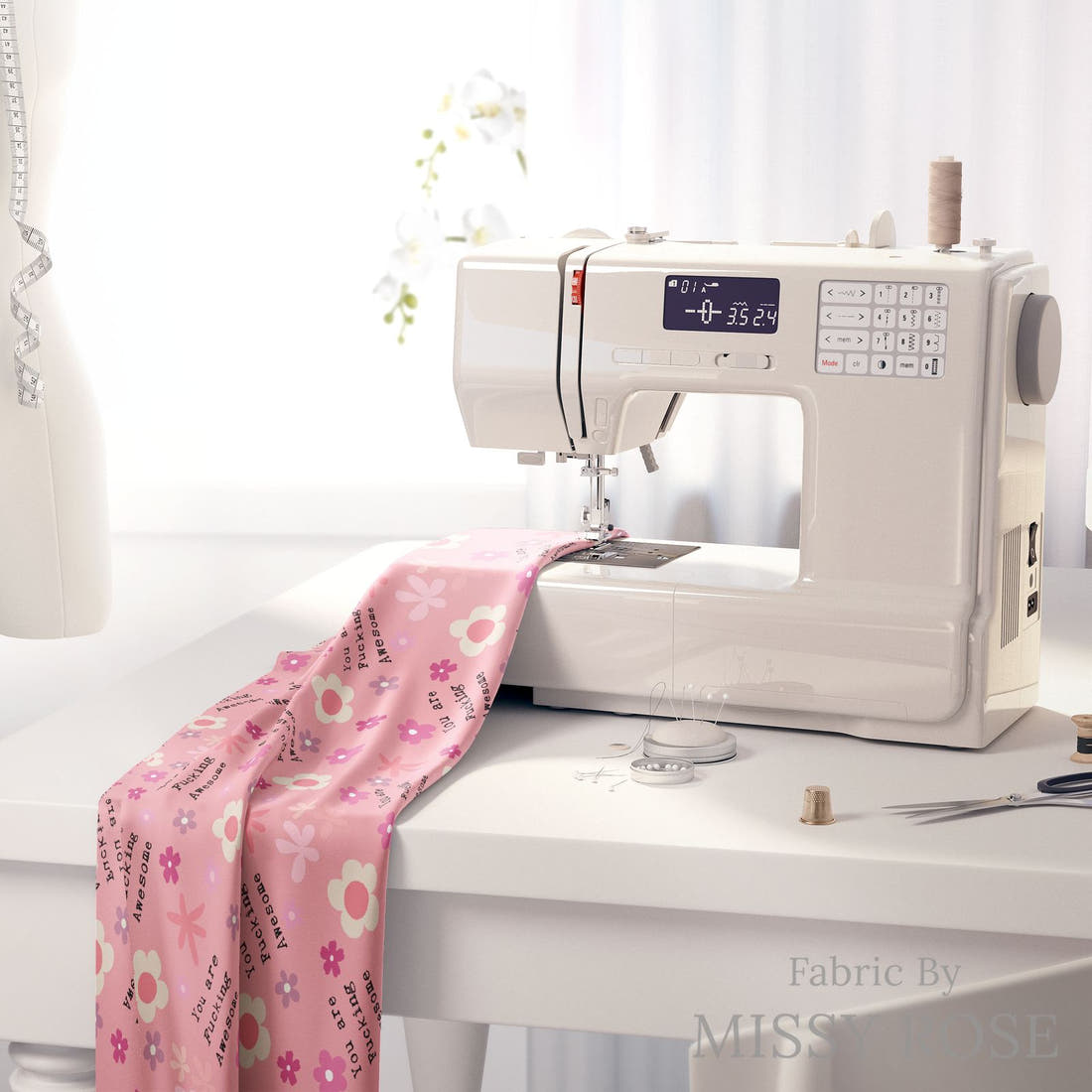 Profanity Fabric 489 on a sewing machine - premium fabric for sewing projects | Fabric by Missy Rose
