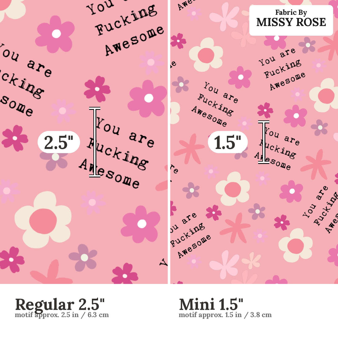 Profanity Fabric 489 Regular 2.5 inch vs Mini 1.5 inch print scale side by side | Fabric by Missy Rose