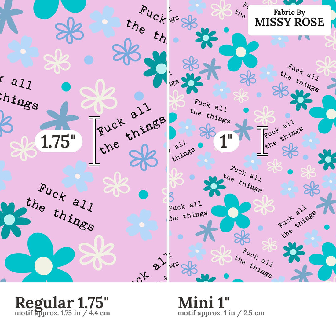 Profanity Fabric 495 Regular 1.75 inch vs Mini 1 inch print scale side by side | Fabric by Missy Rose