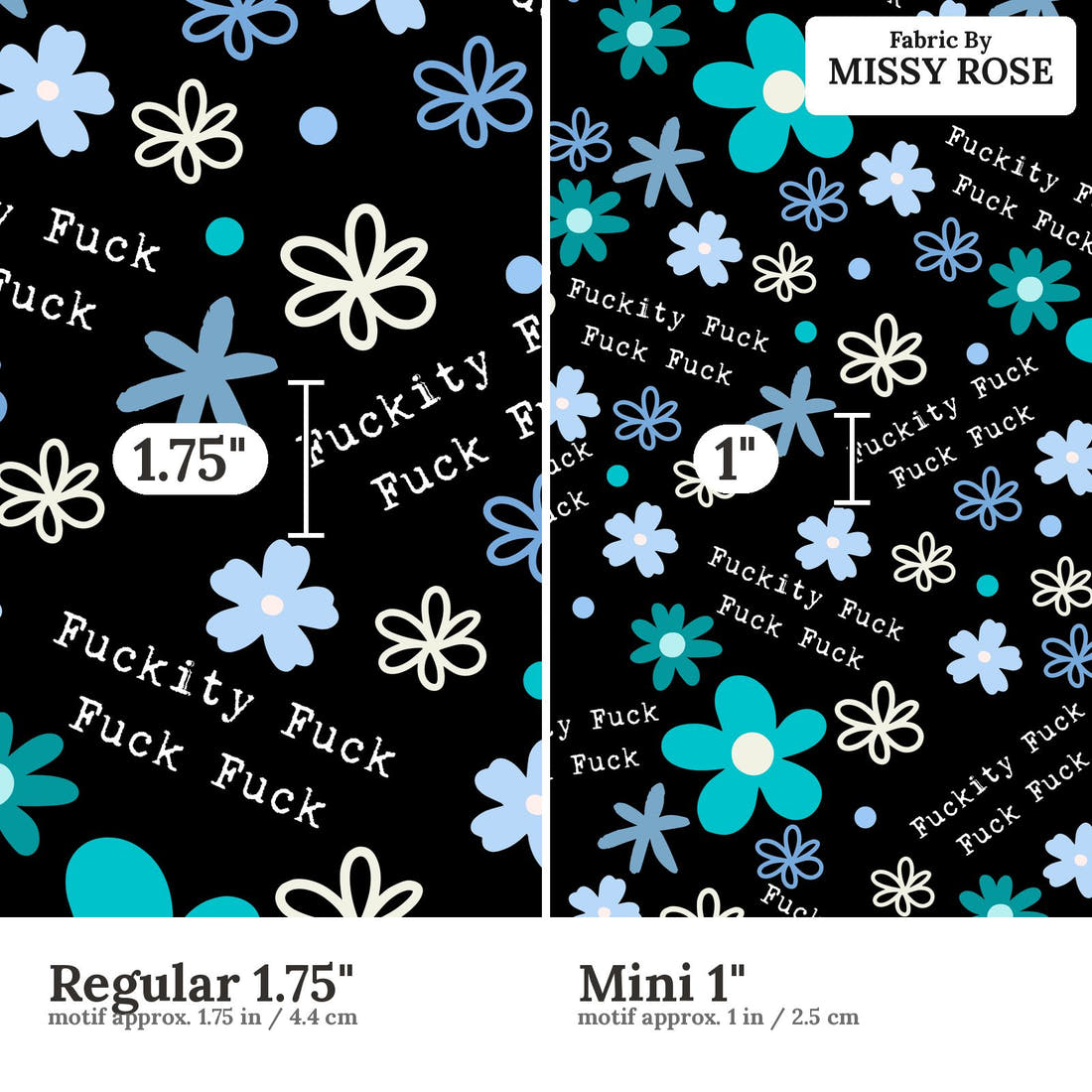 Profanity Fabric 497 Regular 1.75 inch vs Mini 1 inch print scale side by side | Fabric by Missy Rose