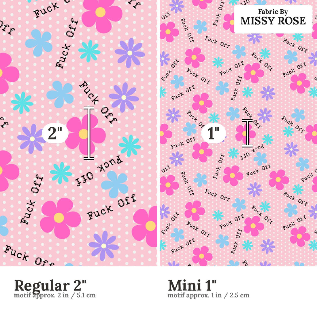 Profanity Fabric 499 Regular 2 inch vs Mini 1 inch print scale side by side | Fabric by Missy Rose