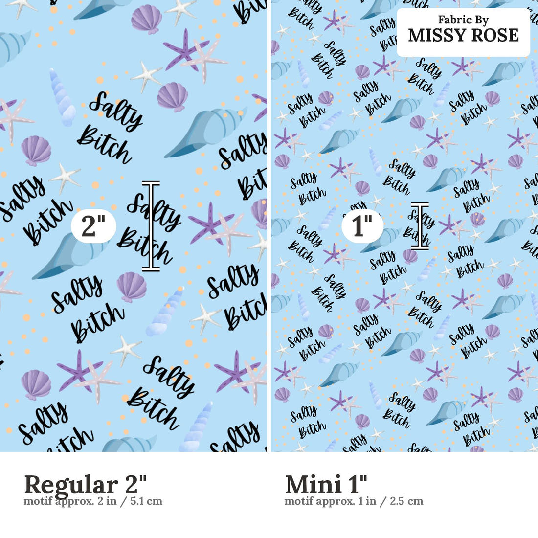 Profanity Fabric 501 Regular 2 inch vs Mini 1 inch print scale side by side | Fabric by Missy Rose