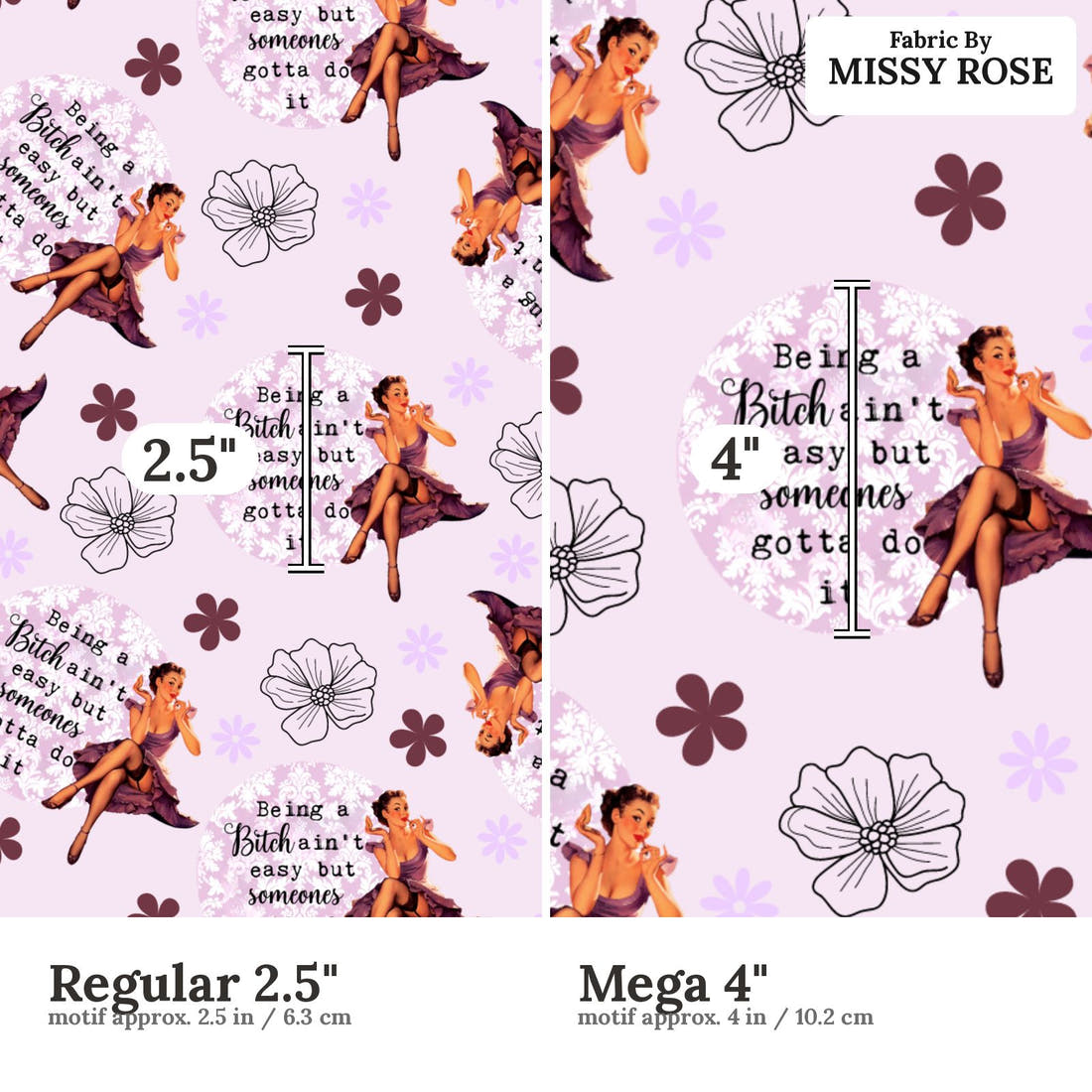Profanity Fabric 509 Regular 2.5 inch vs Mega 4 inch print scale side by side | Fabric by Missy Rose