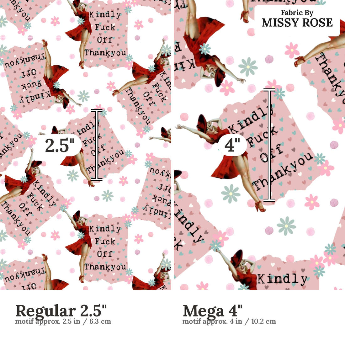 Profanity Fabric 510 Regular 2.5 inch vs Mega 4 inch print scale side by side | Fabric by Missy Rose