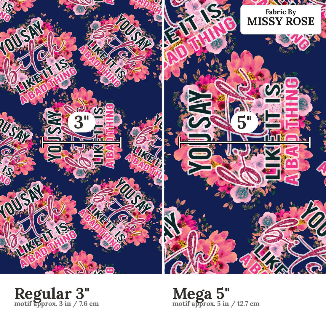 Profanity Fabric 515 Regular 3 inch vs Mega 5 inch print scale side by side | Fabric by Missy Rose