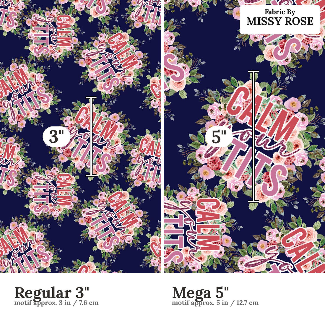 Profanity Fabric 517 Regular 3 inch vs Mega 5 inch print scale side by side | Fabric by Missy Rose