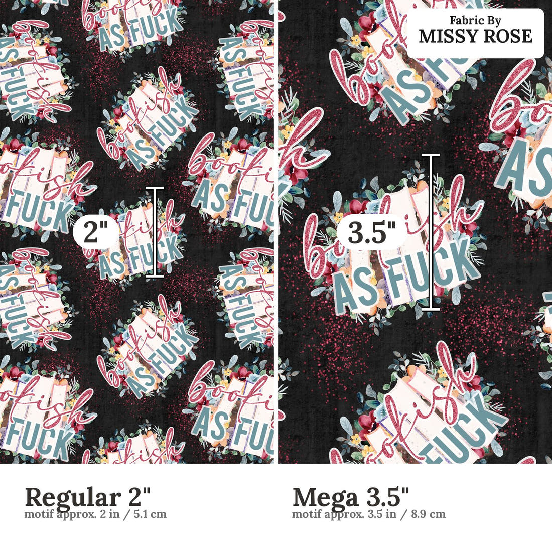 Profanity Fabric 518 Regular 2 inch vs Mega 3.5 inch print scale side by side | Fabric by Missy Rose