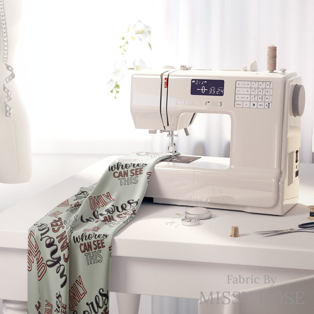 Profanity Fabric 528 on a sewing machine - premium fabric for sewing projects | Fabric by Missy Rose