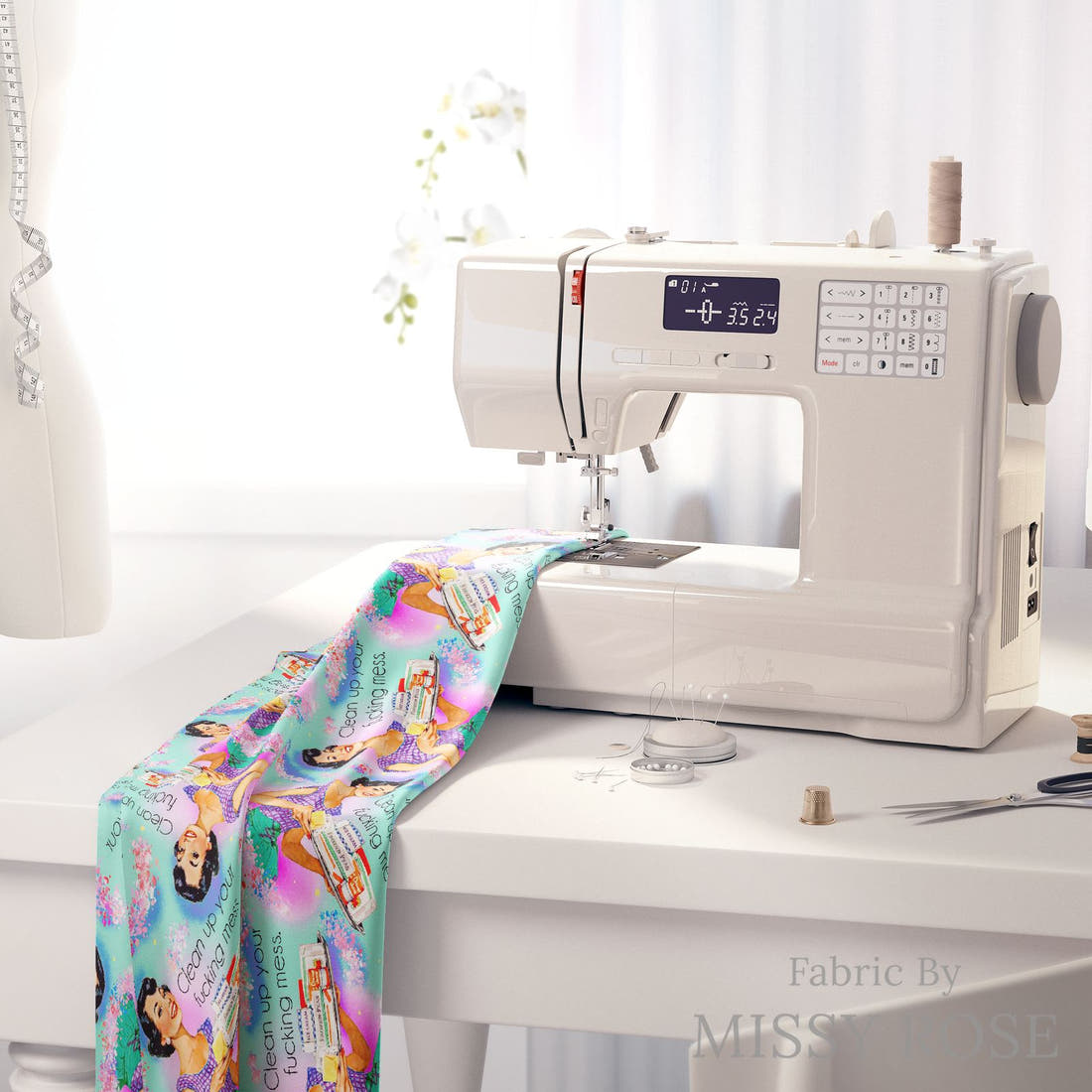Profanity Fabric 536 on a sewing machine - premium fabric for sewing projects | Fabric by Missy Rose