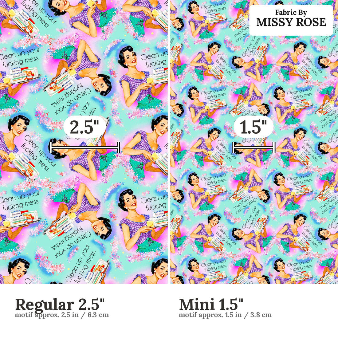 Profanity Fabric 536 Regular 2.5 inch vs Mini 1.5 inch print scale side by side | Fabric by Missy Rose