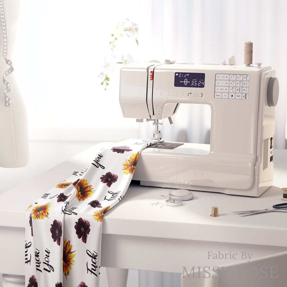 Profanity Fabric 542 on a sewing machine - premium fabric for sewing projects | Fabric by Missy Rose