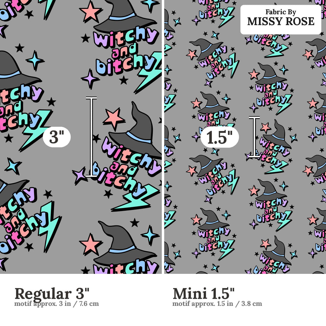 Profanity Fabric 543 Regular 3 inch vs Mini 1.5 inch print scale side by side | Fabric by Missy Rose