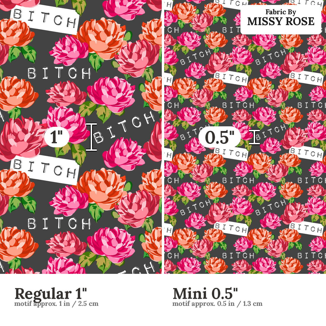 Profanity Fabric 544 Regular 1 inch vs Mini 0.5 inch print scale side by side | Fabric by Missy Rose