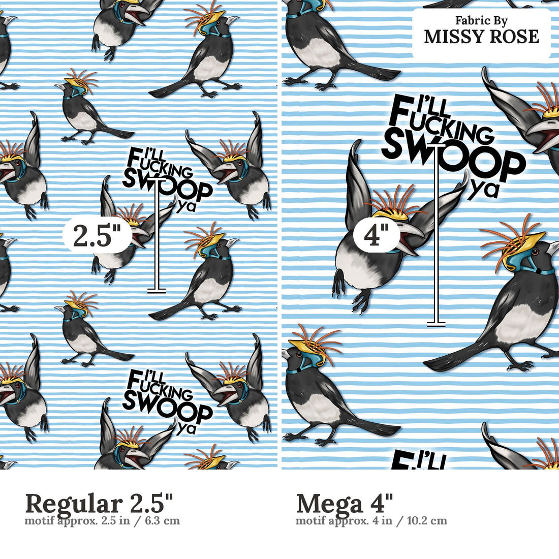 Profanity Fabric 561 Regular 2.5 inch vs Mega 4 inch print scale side by side | Fabric by Missy Rose