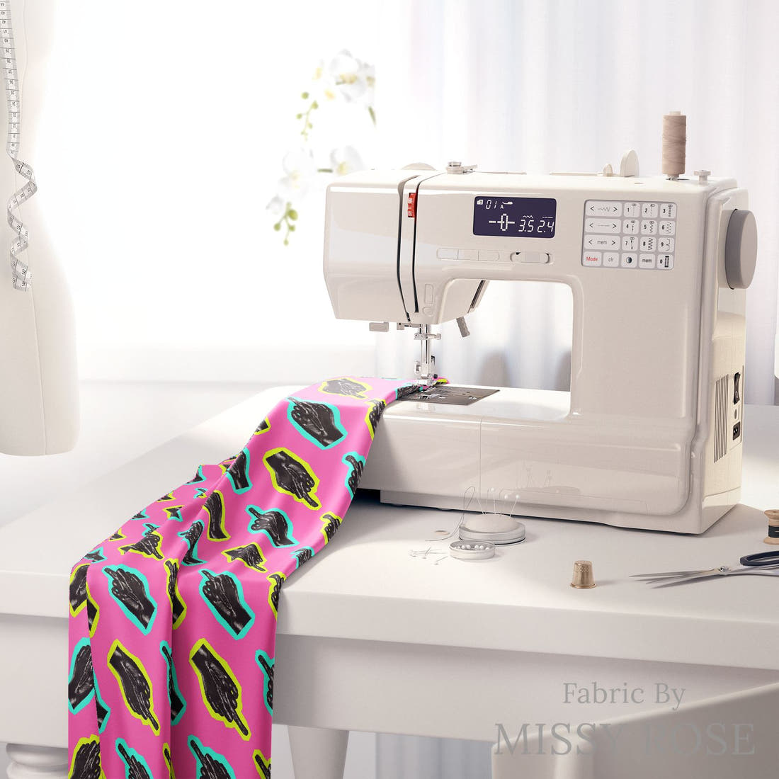 Profanity Fabric 569 on a sewing machine - premium fabric for sewing projects | Fabric by Missy Rose