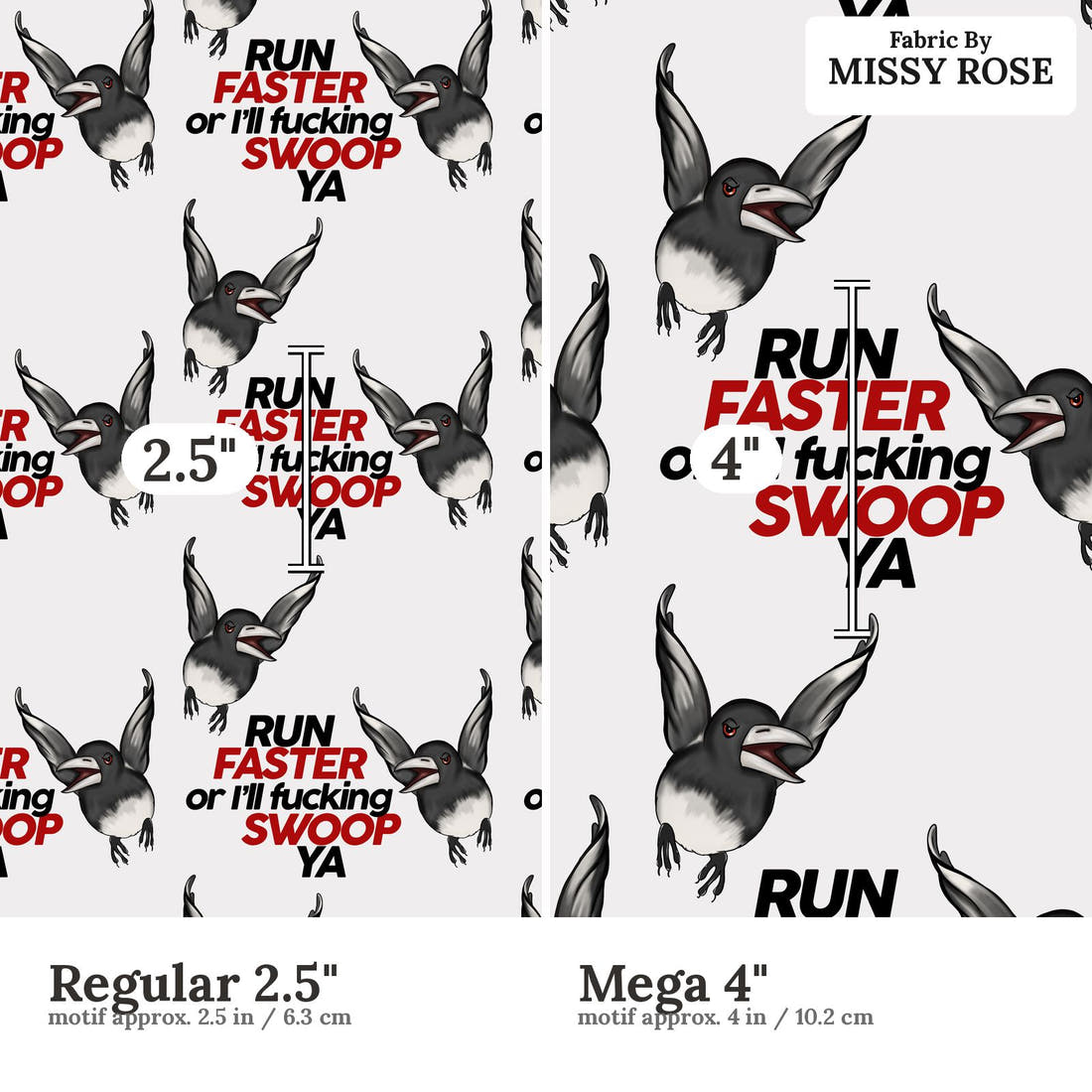 Profanity Fabric 570 Regular 2.5 inch vs Mega 4 inch print scale side by side | Fabric by Missy Rose