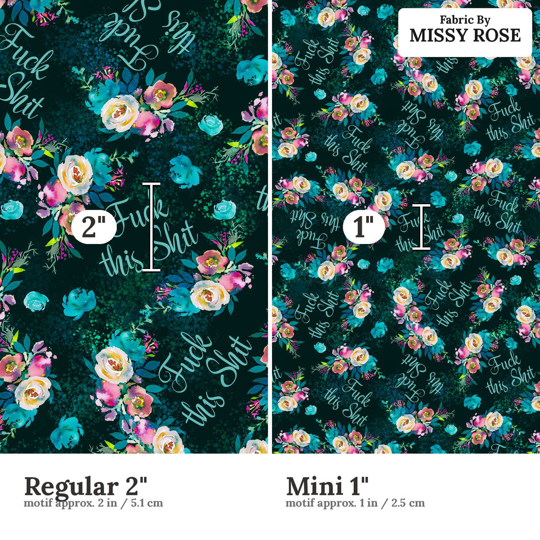 Profanity Fabric 581 Regular 2 inch vs Mini 1 inch print scale side by side | Fabric by Missy Rose
