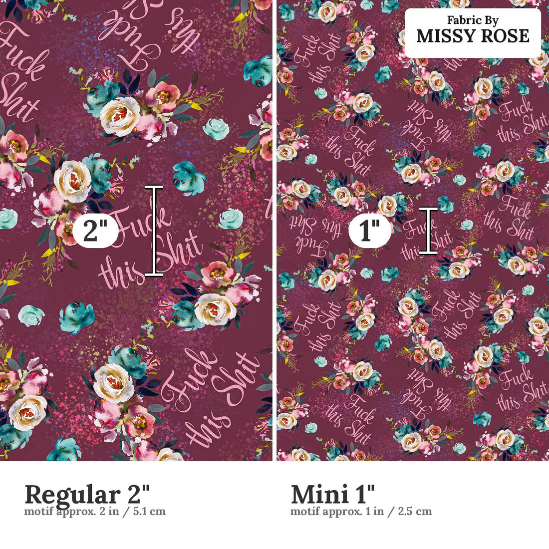 Profanity Fabric 584 Regular 2 inch vs Mini 1 inch print scale side by side | Fabric by Missy Rose