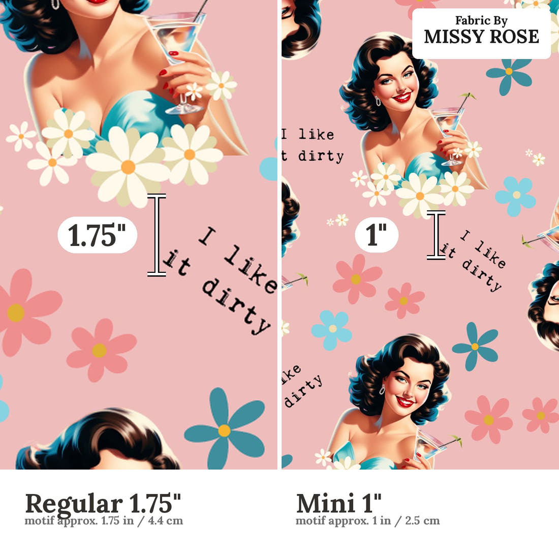 Profanity Fabric 587 Regular 1.75 inch vs Mini 1 inch print scale side by side | Fabric by Missy Rose